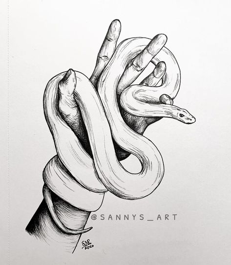 sandra on Instagram: “#inktober day 7 -snake🐍 I had so much fun drawing this!!! and I’m surprise of how great that hand turned out” Hand With Snake Drawing, Snake Around Hand Drawing, Hand Holding Snake Drawing, Snake In Hand Drawing, Scary Snake Drawing, Snake Wrapped Around, Drawings On Hands Pen, Hand With Snake, Snake Drawings