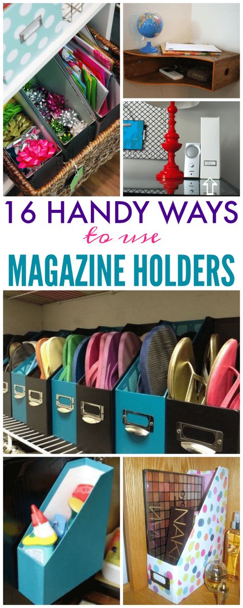 16 Handy Ways to Use Magazine Holders, they're great and you're definitely going to want to check out! These are so great to have around and they're perfect for organization. Closet Office Organization, Apartment Closet Organization, Closet Planning, Apartment Storage, Magazine Files, Apartment Organization, Magazine Holder, Cheap Crafts, Diy Magazine