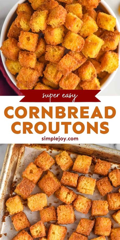 Cornbread Croutons Recipes, Cornbread Appetizer, Leftover Cornbread Recipe, Cornbread Croutons, Leftover Cornbread, Fried Cornbread, Poke Salad, Cornbread Salad, Crouton Recipes