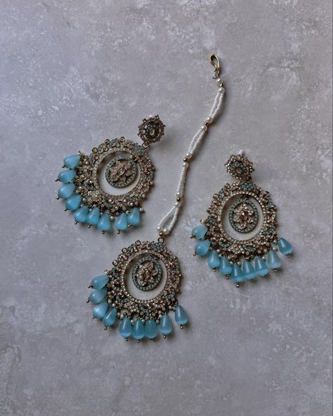 The Inara Earring and Tikka Set . . . #sparkle#sparkly#statementjewelss#statements#pastels#indian#pakistani#girls#smallbusiness#Desi#browngirls#nath#choker#jhumkas#Jhumki#bridgerton#eras#gold#shaadiseason#shaadi#jaggo#valima#nikkah#mehndi#haldi#pakistanitiktok Nikkah Mehndi, Diy Earrings Materials, Jewelry By Material, Pakistani Jewelry, Blue Earrings, Diy Earrings, Indian Jewelry, Future Wedding, Desi