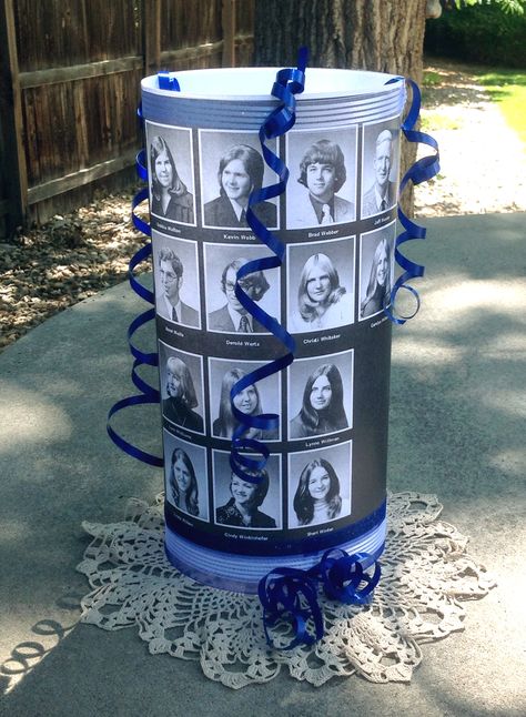 Class reunion centerpiece - Copy pages from your class yearbook with regular paper (not photo paper) Spray adhesive on a sheet of acetate film, place copy of yearbook page on the acetate film and form a cylinder shape. Tape closed with regular tape and decorate with ribbon in your class colors. Place flicker candle in the center and enjoy. Class Yearbook, High School Reunion Planning, High School Reunions, School Reunion Decorations, Class Reunion Planning, 50th Class Reunion Ideas, Reunion Centerpieces, 10 Year Reunion, High School Class Reunion