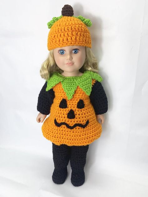 Pumpkin Hat Pattern, American Girl Outfits, Teddy Clothes, Pumpkin Crochet Pattern, Crochet Children, Patch Clothes, Crochet Pour Halloween, Crochet Doll Clothes Free Pattern, Crochet Doll Clothes Patterns