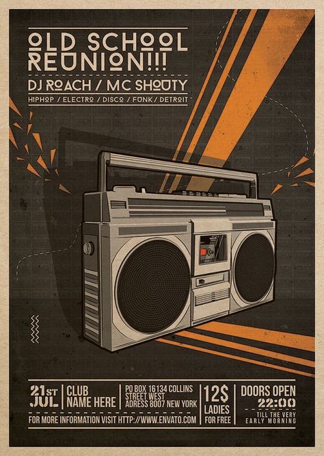 Boombox Illustration, Reunion Poster, Hip Hop Poster, Music Box Vintage, Vintage Poster Design, School Reunion, School Posters, Music Design, Event Flyer