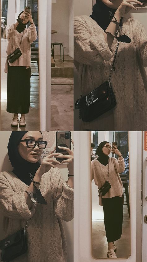 #skirt #sweater #rajut #innerpashmina #sligbag #docmart #rok #span #cafe #coffeeshop #mirror #outfit #ootd #hitam #black #outfitcheck Outfit Rok Rajut, Outfit Rajut Hijab, Ootd Rajut Hijab, Outfit Rok Hitam, Ootd Sweater Rajut Hijab, Ootd Sweater Rajut, Outfit Cardigan Hijab, Outfit Rajut, Cardigan Hijab