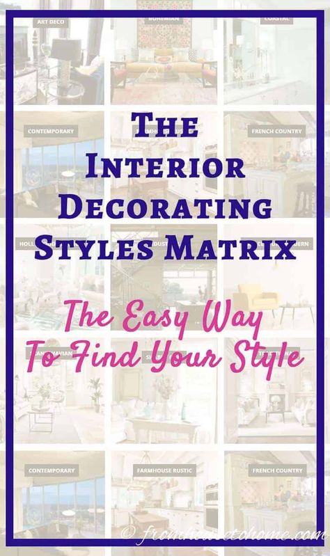 Trying to find your interior design style? Let the Interior Decorating Styles Matrix help you to choose the styles that match your decorating preferences. #fromhousetohome #decoratingstyles #decoratingideas Find Your Interior Design Style, French Country Interior, Rustic French Country, Interior Decorating Tips, Interior Decorating Styles, Traditional Interior Design, Decorating Styles, Contemporary Farmhouse, Decorating Style