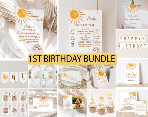 Sun Birthday Invitation, Sunshine 1st Birthday, Sun Birthday, Style Arc, First Trip Around The Sun, Rainbow Style, Sunshine Birthday, Milestone Poster, First Birthday Themes