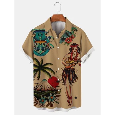 Men's Shirt Vintage Hawaiian Shirts Graphic Prints Vintage Hula Girls Turndown Khaki Gray Outdoor Street Short Sleeves Print Clothing Apparel Fashion Streetwear Designer Vintage 2023 - US $23.99 Mens Retro Shirts, Tree Shirts, Soft Streetwear, T-shirt Print Design, Spandex Shirts, Vintage Hawaiian Shirts, Clothing Casual, Shirt Print Design, Tree Shirt