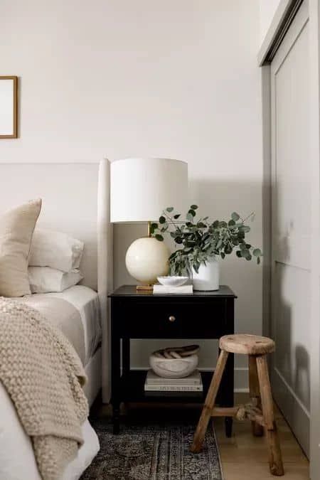 20 Bedroom Styling Ideas » Lady Decluttered Decorating Nightstands Bedroom, Black Bed Side Table, Nightstand Styling Ideas, Bedside Table Ideas Decor, Dresser Styling Ideas, Black Nightstand Bedroom, Styling Nightstand, Bedrooms Neutral, Nightstand Decor Ideas