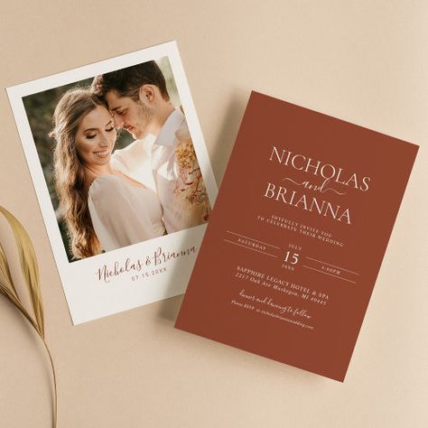 $2.98 | Terracotta Burnt Orange Minimalist Wedding Photo #burnt orange, simple minimalist, modern elegant, fall wedding, bohemian, earthy tones rustic bloom, rust terracotta floral fall, tropical bohemian seaside chic, earthy autumnal copper shades, photo invitation Orange Minimalist, Burnt Orange Wedding, Tropical Bohemian, Orange Wedding Invitations, Wedding Bohemian, Burnt Orange Weddings, Elegant Photo, Wedding Invitations Boho, Dusty Blue Weddings