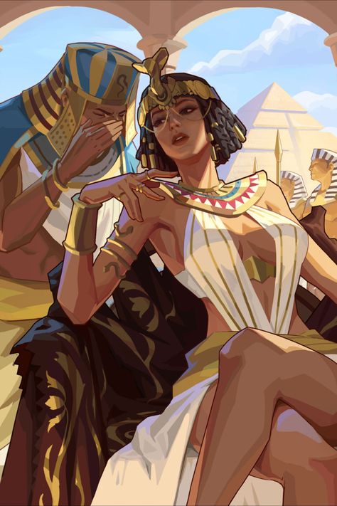 Egyptian Women Fashion, Cleopatra Character Design, Egyptian Gods Drawings, Egyptian Aesthetic Outfit, Ancient Egyptian Character Design, Cleopatra Illustration, Egyptian Dnd, Egyptian Mythology Art, Egyptian Oc