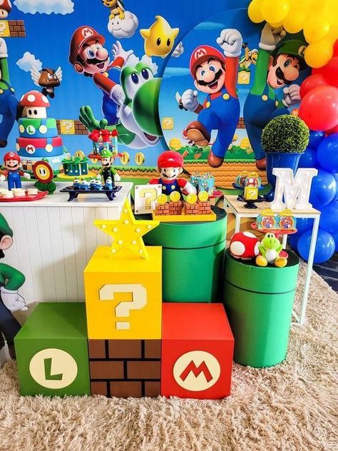 Mario Themed Birthday Party, Birthday Party 10, Super Mario Bros Party Ideas, Super Mario Brothers Party, Mario Brothers Birthday Party, Mario Kart Party, Mario Bros Birthday Party Ideas, Nintendo Party, Mario Hat