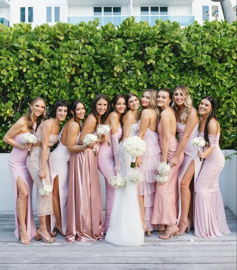 Pink Bridesmaid Aesthetic, Pink Tones Bridesmaid Dresses, Pastel Dress Code Wedding, Purple And Pink Bridesmaid Dresses, Mismatched Bridesmaid Dresses Spring, Mismatched Pink Bridesmaid Dresses, Shades Of Pink Bridesmaid Dresses, Mismatched Blush Bridesmaid Dresses, Kiara Wedding