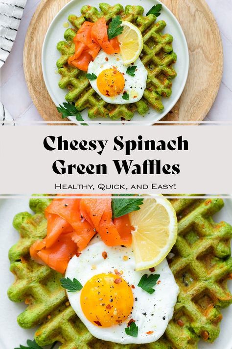 Savory Green Waffles with Spinach - The Healthful Ideas Green Waffles, Sweet Waffles, Quinoa Chickpea Salad, Greek Orzo, Greek Orzo Salad, Quick Pickled Red Onions, Healthy Waffles, Cheesy Spinach, Savory Waffles