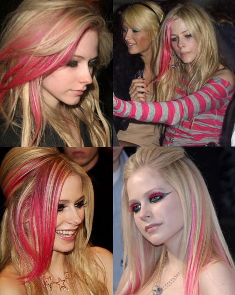 avril lavigne’s iconic pink hair streaks Colored Highlights On Blonde Hair, Punk 2000s Fashion, Punk 2000s, Pink Hair Streaks, 2000s Hair, Blonde Hair With Pink Highlights, Pink Blonde Hair, Hair Streaks, Dyed Hair Inspiration