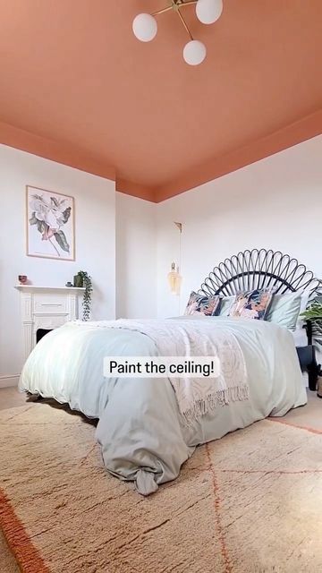 Lick on Instagram: "Just in case we hadn’t already convinced you… go for it! 😎 🎨 Painted ceiling in warm terracotta #Red03 🎨 Painted furniture in burnt-red #Red01 🎨 Pair both with fresh off-white, White 02 to get the look! 🧑‍🎨 Decorated by Emma, @homeonthegrove #LickPaint #paintedceiling" Painted Ceiling Terracotta, Terracotta Bedroom Ceiling, Terracotta Painted Ceiling, Terracotta Ceiling Paint, Painted Roof In Bedroom, Painted Ceilings Bedrooms, Painted Bedroom Ceiling, Colored Ceiling Bedroom, Painted Ceiling Bedroom