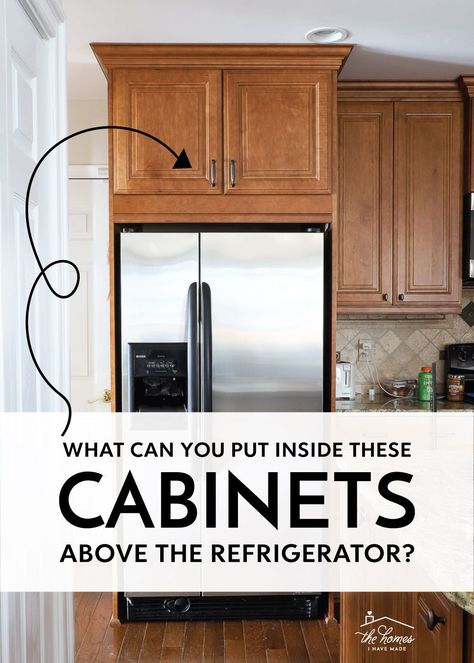 The wide, deep cabinets above a refrigerator can be really tricky to organize! What do you put in them? Click through to see the easy (and inexpensive!) way we organize all our baking sheets and pans, taking advantage of this awkward cabinet but in a totally usable way! Kitchen Cabinet Pots And Pans Drawer, Storage Under Cooktop, Cabinet Pan Storage, What To Put In Upper Kitchen Cabinets, High Cabinet Organization, Deep Cabinets Solutions, How To Store Cookie Sheets, Deep Cabinets Organization, Pot And Pan Storage Cabinet