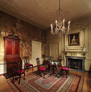 This is a room from the Powel House, on South Third St. in Philadelphia. In CAROLINE, Alec's parents lived next door to the Powels. Samuel Powel served as the last mayor of Philadelphia under British rule.   You can see this room in The Metropolitan Museum of Art in NYC. Georgian Interiors, Classic Dining Chair, Marble Fireplace Surround, Georgian Architecture, American Interior, Marble Fireplaces, Colonial Style, Fireplace Surrounds, Metropolitan Museum Of Art