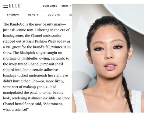 "Ushering in the era of BANDAGECORE, the Chanel ambassador stepped out in Paris Fashion Week today as a VIP guest for the brand's fall/winter 2023 show." Jennie Band Aid, Chanel Jumpsuit, Chanel Ambassador, Eminems Daughter, Beauty Mark, Queen Fashion, Triple Threat, + Core + Aesthetic, Fashion Icon