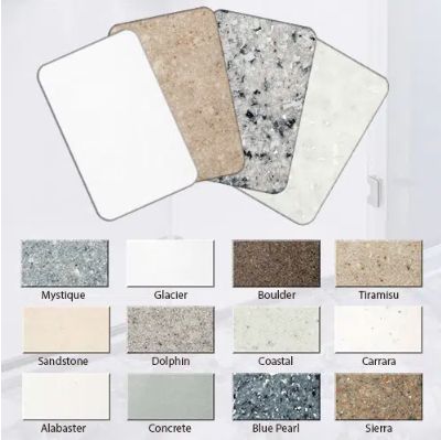 Cultured marble color samples from The Onyx Collection displaying over 50 shades available for bathroom remodeling projects. The photo shows rows of small square tiles in a variety of neutral tones such as white, greys, and taupes as well as brighter hues like blues, greens, and pinks. Offered in gloss, granite, and solid textures, these durable colors will provide timeless beauty and value. Homeowners can trust their partners at Remarkable Installations to transform their bathrooms. Onyx Vanity, Onyx Shower, Onyx Color, Onyx Colour, Granite Colors, Tub Surround, Bathroom Color, Cultured Marble, Color Samples