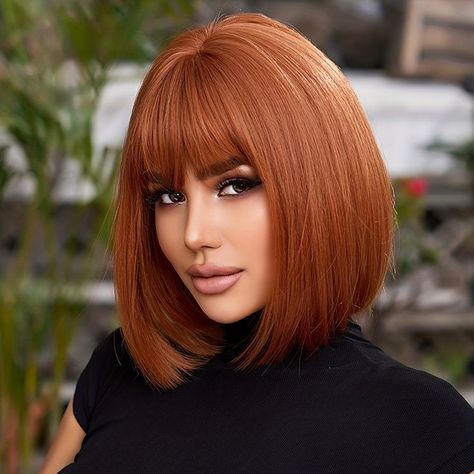 Copper Hair Bob With Bangs, Cooper Hair Color With Bangs, Copper Bobs, Ginger Hair Short Bangs, Copper Bob Hair With Fringe, Longer Bobs, Copper Short Hair, Redhead Bob With Bangs, Copper Bob Hair