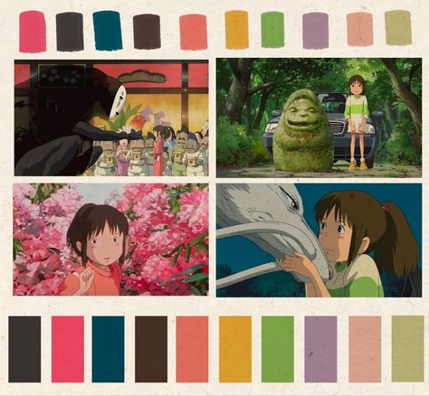 Lush color palette from the anime Spirited Awat anime miyazaki spiritedaway colorpallete Miyazaki Color Palette, Colour Palette For Character, Colour Palette Anime, Anime Color Schemes, Studio Ghibli Colour Palette, Studio Ghibli Color Pallete, Anime Character Color Palette, 90s Anime Color Palette, Animation Color Palette