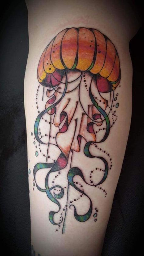 Traditional Style Jellyfish Tattoo by Michael Thomas Traditional Style Jellyfish Tattoo, Traditional Jellyfish Tattoo, Traditional Jellyfish, Best Half Sleeve Tattoos, Half Sleeve Tattoos For Men, Sleeve Tattoos For Men, David Tattoo, Half Sleeve Tattoos, Army Tattoos