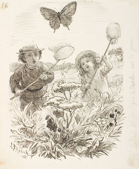 Two children catching butterflies | Lorenz Frølich | 1868 | Statens Museum for Kunst | CC0 Catching Butterflies, Character Design Sketches, Norman Rockwell, Second Child, Childrens Fashion, Design Sketch, Pen And Ink, Childrens Books, Vintage World Maps