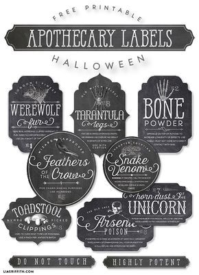 Every good witch or wizard needs a fine set of apothecary labels for some playful Halloween decorations. Here is a set that will keep your potion making ingredients in order #freeprintable Halloween Apothecary Labels, Deco Cinema, Läskig Halloween, Imprimibles Halloween, Uhyggelig Halloween, Halloween Apothecary, Apothecary Labels, Potion Labels, Image Halloween