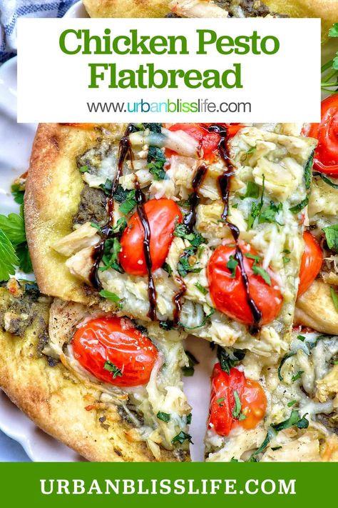 Chicken Pesto Flatbread, two ways -- one with tomatoes, one with mushrooms -- is an easy and versatile family dinner recipe. Get the full recipe with step-by-step photos at UrbanBlissLife.com. Chicken Pesto Flatbread Pizza, Pesto Chicken Flatbread, Pesto Flatbread Recipes, Chicken Pesto Flatbread, Pesto Flatbread Pizza, Chicken Flatbread Recipes, Pesto Flatbread, Spring Dinners, Bbq Chicken Flatbread