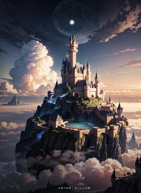 The image is a digital painting of a fantasy castle. The castle is built on a rocky hilltop and is surrounded by clouds. There is a full moon in the sky, and the light from the moon is reflecting off the castle walls. The castle is made of gray stone and has many towers and turrets. There are trees and gardens inside the castle walls. The image is very detailed, and the artist has used a variety of colors to create a sense of depth and realism. Space Castle, Moon In The Sky, Rocky Hill, Sky Moon, Castle Wall, Fantasy Castle, The Castle, Image Generator, Grey Stone