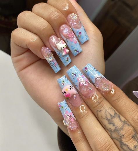 Tropical Hello Kitty, Birthday Nails Inspo, 21st Birthday Nails, Nails Tropical, Gyaru Nails, Gel X Nails, Kitty Nails, X Nails, Retro Nails