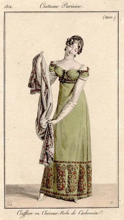 The Kashmiri Shawl, and the dress made of Kashmir shawls - The Dreamstress Regency Gown, Regency Era Fashion, Kashmiri Shawls, 1800s Fashion, Mode Costume, Regency Dress, Georgian Era, Regency Fashion, 19th Century Fashion