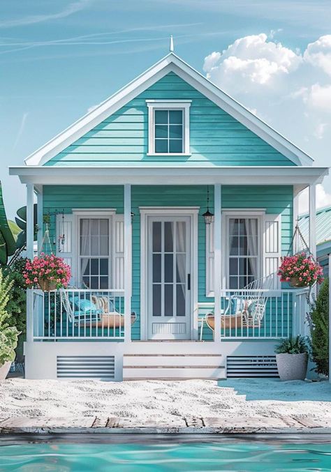 Beach House Elevations | Beach House Exterior Photos Farmhouse Porch Swings, House Elevations, Beach Decor Living Room, Beautiful Beach Houses, Beach House Tour, Small Cottage Homes, Beach House Exterior, Small Cottages, Small Cottage