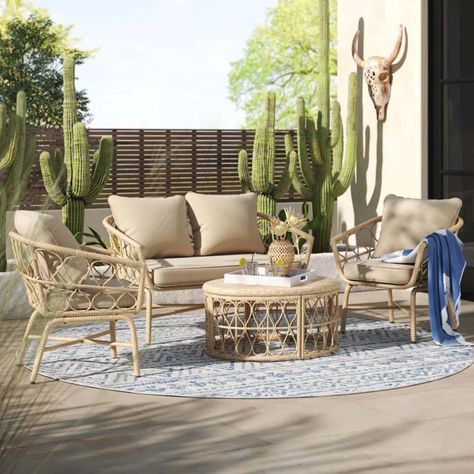 Fernald Polyethylene (PE) Wicker 4 - Person Seating Group with Cushions Boho Patio Furniture, Furniture Texture, Classic Patio Furniture, Outdoor Rattan Furniture, 1920s Bungalow, Pergola Diy, Circular Coffee Table, Porch Sitting, Rattan Patio Furniture