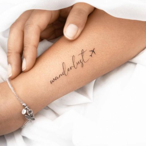 Small Wanderlust Tattoo, Travel Quote Tattoo Ideas, Simple Plane Tattoo, Road Less Traveled Tattoo, Just Go Tattoo, Minimalist Travel Tattoo, Wanderlust Tattoo Ideas, Small Travel Tattoos, Plane Tattoos