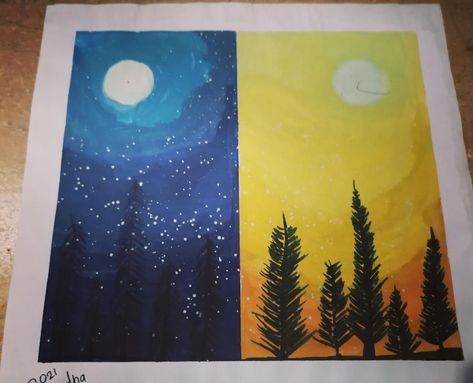 The easiest way to draw Day and Night with watercolor/acrylic paint Day Vs Night Painting, Day And Night Drawing Easy, Day And Night Painting Easy, Day And Night Drawing, Night And Day Art, Day And Night Painting, Friend Valentine, Night Drawing, Friend Valentine Gifts