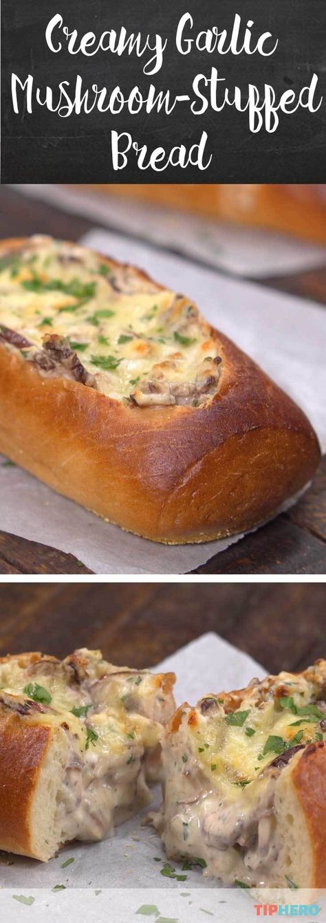 Craving a warm, satisfying meal to heat you up when the weather turns cold? Try this Creamy Garlic Mushroom-Stuffed Bread! The creamy mushroom filling cooks inside the loaves as they bake, and they’re topped with cheese that adds an ooey, gooey, totally tasty element that take garlic bread and sandwiches to a whole other level. Click for the how-to video. Band Snacks, Carbie Barbie, Bread Stuffed With Cheese, Lasagna Salad, Lunch Board, Mushroom Filling, Mushroom Stuffed, Creamy Garlic Mushrooms, Stuffed Bread