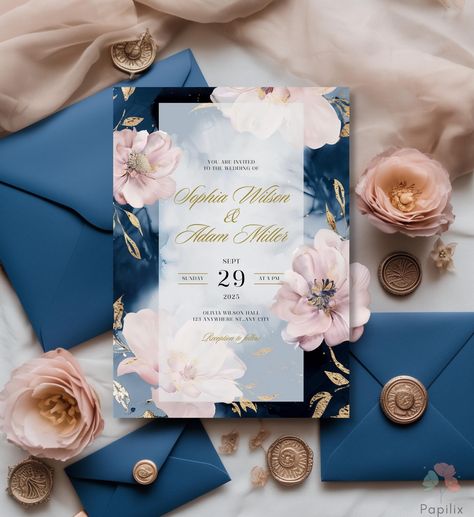 This invitation offers an effortlessly elegant design featuring dusty blue and blush pink floral elements set against a deep navy backdrop, beautifully accented with gold leaf details. Ideal for couples looking for a blend of classic charm and modern sophistication, this editable Canva template allows you to personalize every detail to perfectly match your wedding day vision. TRY BEFORE YOU PURCHASE Copy the link and paste it into your browser.   DEMO Link: https://www.canva.com/design/DAGNYGrlm Navy Blue And Dusty Pink Wedding Invitations, Navy Blue And Rose Gold Wedding, Rose Gold And Navy Blue Wedding Theme, Blue Nikkah, Blue And Rose Gold Wedding, Dusty Pink Wedding Invitations, Navy And Pink Wedding, Pink And Navy Wedding, Navy And Blush Wedding