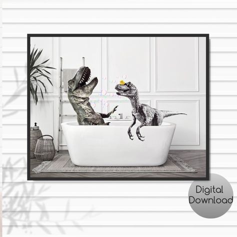 Quirky Bathroom, Kids Bathroom Art, Dinosaur Wall Decor, Dog Pop, Dog Pop Art, Bathroom Artwork, Quirky Home, Dinosaur Wall Art, Bathroom Themes