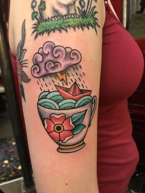 Storm In A Teacup Tattoo, Teapot Tattoo, Miss Morgan, Wine Tattoo, Tea Tattoo, Teacup Tattoo, Storm Tattoo, Storm In A Teacup, Traditional Tattoo Old School