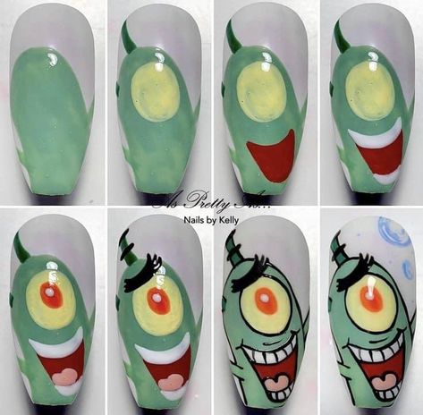 How To Draw Nail Art Step By Step, Nail Art Character Step By Step Designs, Step By Step Character Nail Art, Disney Nails Step By Step, Easy Character Nail Art, Nail Character Designs, Nail Art Steps, Cartoon Nail Art Step By Step, Characters On Nails