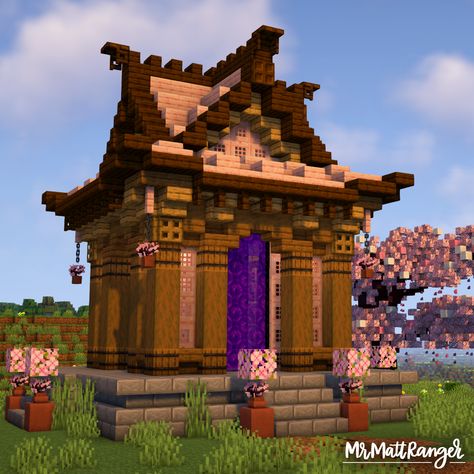 Minecraft Japanese Portal Design, Minecraft Cherry Japanese House, Minecraft Simple Japanese House, Minecraft Torii Gate Nether Portal, Minecraft Japanese Nether Portal, Cherry Nether Portal, Japanese Nether Portal, Cherry Blossom Nether Portal, Japanese Minecraft Builds