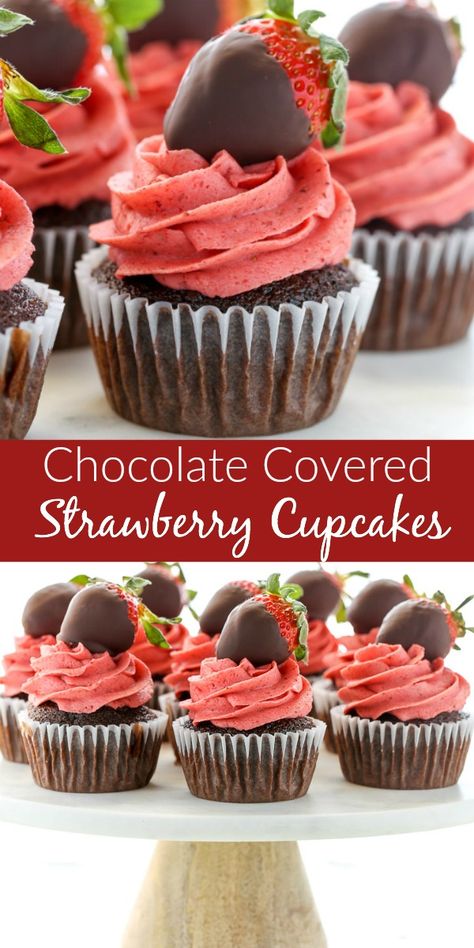 Moist chocolate cupcakes topped with a strawberry buttercream frosting and chocolate covered strawberries!  These Chocolate Covered Strawberry Cupcakes are the ultimate Valentine's Day dessert. #valentinesday #strawberry #chocolate #cupcake Unique Cupcake Recipes Creative, Cupcake Board, Stuffed Cupcakes, Moist Chocolate Cupcakes, Boozy Treats, Food Dump, Berry Cupcakes, Strawberry Buttercream Frosting, Chocolate Cupcakes Moist