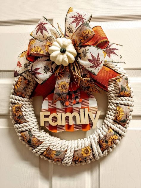 This adorable wrapped Rope Wreath is a perfect accent for any interior wall in a dining room, bathroom, hallway, to accent your holiday decor holiday. Carefully constructed with rope wrapped on a metal frame, with securely embellished fall pumpkin and high quality fall ribbons that will last for years to come. Perfect surprise gift for anyone hosting Thanksgiving to accent any indoor fall decor.  This wreath is ready to ship. Want to send as a gift, we can ship directly to a friend or family mem Crochet Fall Wreath, Fall Yarn Wreaths, Rope Wreath Diy, Pumpkin Wreath Diy, Indoor Fall Decor, Couronne Diy, Yarn Wreaths, Wrapped Rope, Rope Wreath