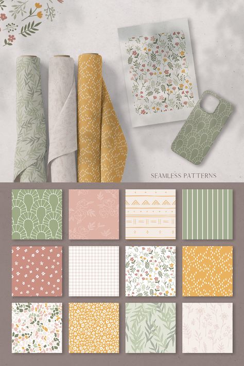 Perfectly paired summer spring seamless patterns digital paper bundle, boho fabrics collection Baby Fabric Prints, Fabric Patterns Prints Textile Design, Spring Scrapbook, Surface Pattern Design Inspiration, Nursery Boho, Nice Baby, Digital Paper Free, Beige Color Palette, Pattern Design Inspiration