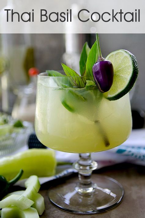 Spicy Thai Basil Cucumber Cocktail - vintagekitty.com Aperitif Cocktails, Basil Cocktail, Cucumber Cocktail, Spicy Thai, Alcoholic Drink, Thai Basil, Summer Cocktails, Craft Cocktails, Cocktail Recipe