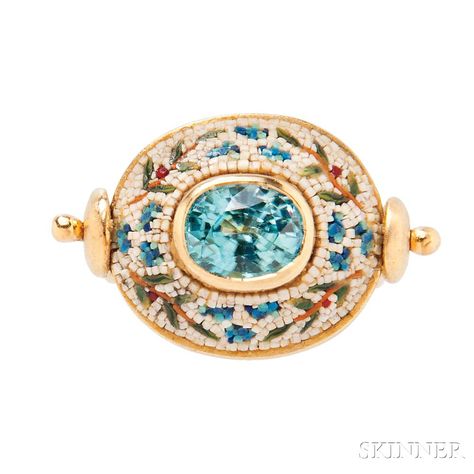 18kt Gold, Blue Zircon, and Micromosaic "Mimosa" Ring, Le Sibille | Sale Number 3015B, Lot Number 283 | Skinner Auctioneers Micro Mosaic Ring, Micromosaic Jewellery, Mosaic Ring, Month Gemstones, Micro Mosaic Jewelry, Mosaic Jewelry, Jewels Rings, Micro Mosaic, Zircon Jewelry