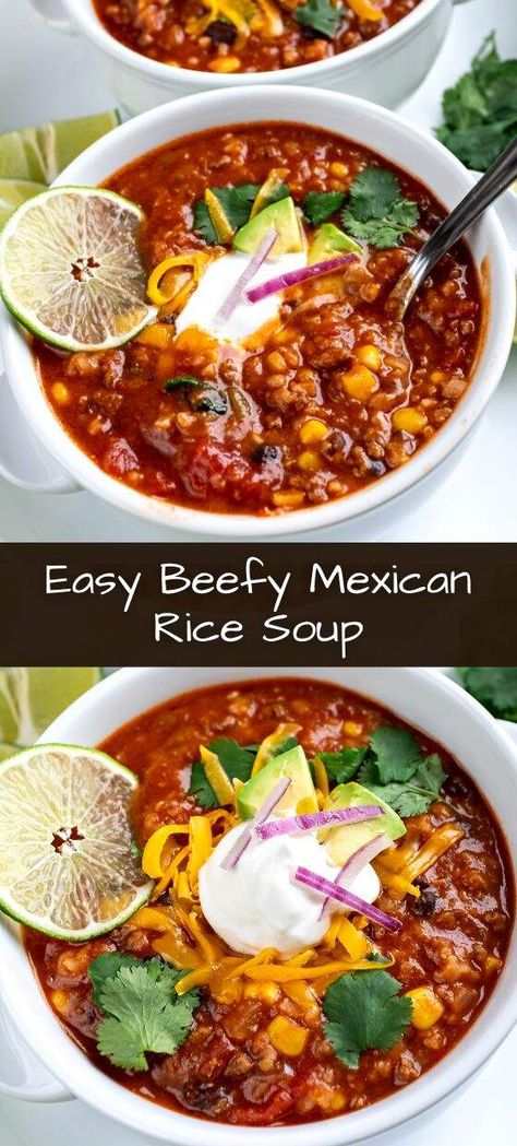 Enjoy the zesty and comforting flavors of our Easy Beefy Mexican Rice Soup, a hearty dish that combines ground beef, rice, and Mexican-inspired spices for a delicious and satisfying meal. Dive into this recipe for a taste of south-of-the-border goodness! follow us for more amazing recipes Mexican Rice Soup, Sunday Soup, Mexican Soups, Mexican Soup Recipes, Protein Veggies, Ground Beef Rice, Beef Rice, Mexican Soup, Turkey Meat