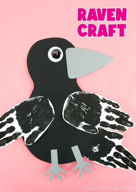 vertical pin image of raven craft with the text "raven craft" in the top right corner Raven Craft, Parrot Craft, Fox Crafts, Raven Bird, Puppet Crafts, Raven Art, Handprint Crafts, Bird Crafts, Fall Crafts For Kids