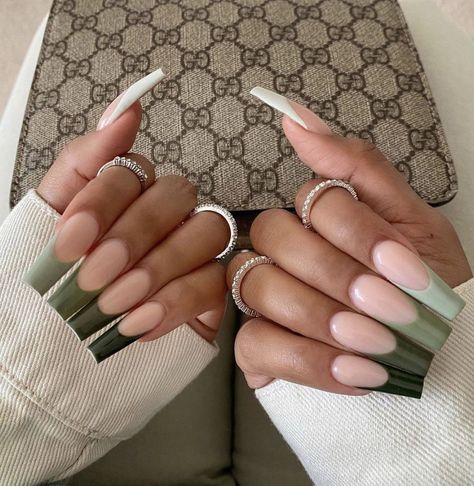 Khaki Green Nails Acrylic, Green French Tip Nails Square Long, Khaki French Tip Nails, Khaki Nails Acrylic, Colored French Tip Nails Coffin, Khaki Nail Designs, Square Nail Designs Trending Now, Acrylic Nails Coffin Ideas, Khaki Nails